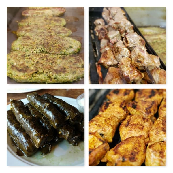 A collage of Mediterranean dishes: falafel, meat skewers, stuffed grape leaves, and grilled chicken.
