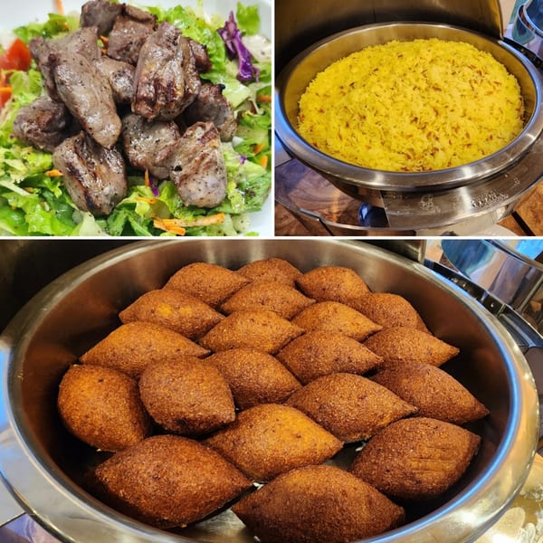 A collage of Mediterranean dishes: grilled meat on salad, yellow rice, and kibbeh in serving dishes.